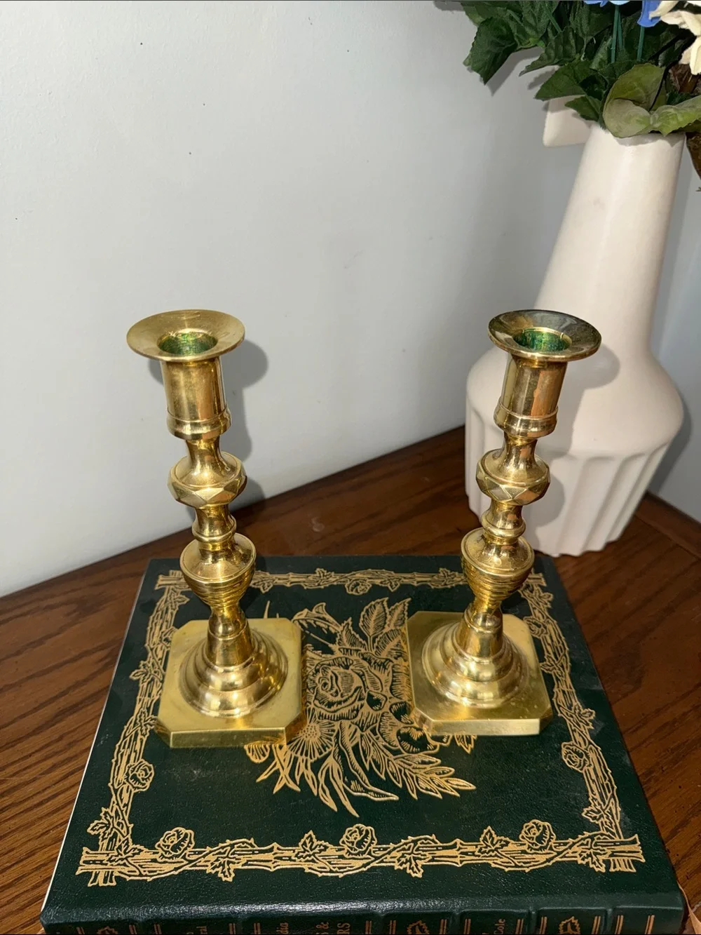 Vintage Stamped Rostand Brass Beehive Diamond Taper Candle Holders 9 inches Tall